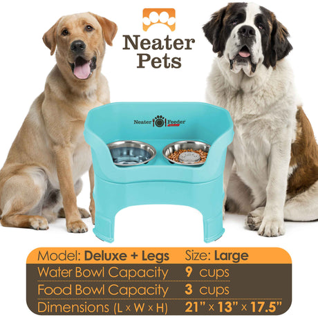 A chart displaying the Deluxe large with Slow Feed bowl and leg extension bowl capacity and dimensions, with two large sized dogs next to the chart.