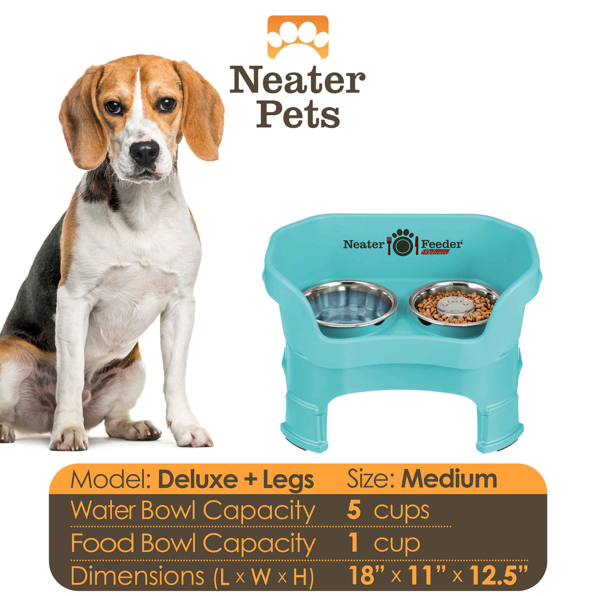 A chart displaying the Deluxe medium with Slow Feed bowl and leg extension bowl capacity and dimensions, with a medium-sized dog next to the chart.