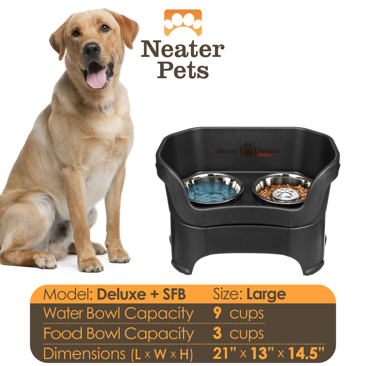 A chart displaying the Deluxe large with Slow Feed bowl capacity and dimensions, with a large size dog next to the chart.
