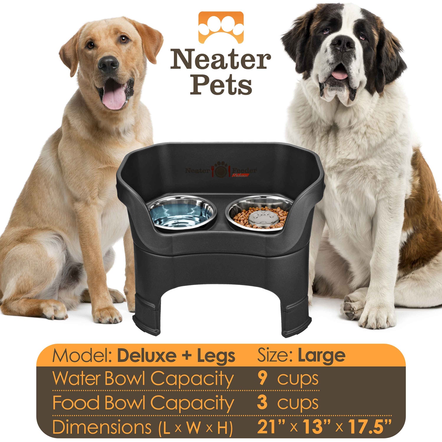 A chart displaying the Deluxe large with Slow Feed bowl and leg extension bowl capacity and dimensions, with two large sized dogs next to the chart.