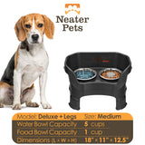 Information chart of Midnight Black medium DELUXE Neater Feeder with Stainless Steel Slow Feed Bowl with leg extensions