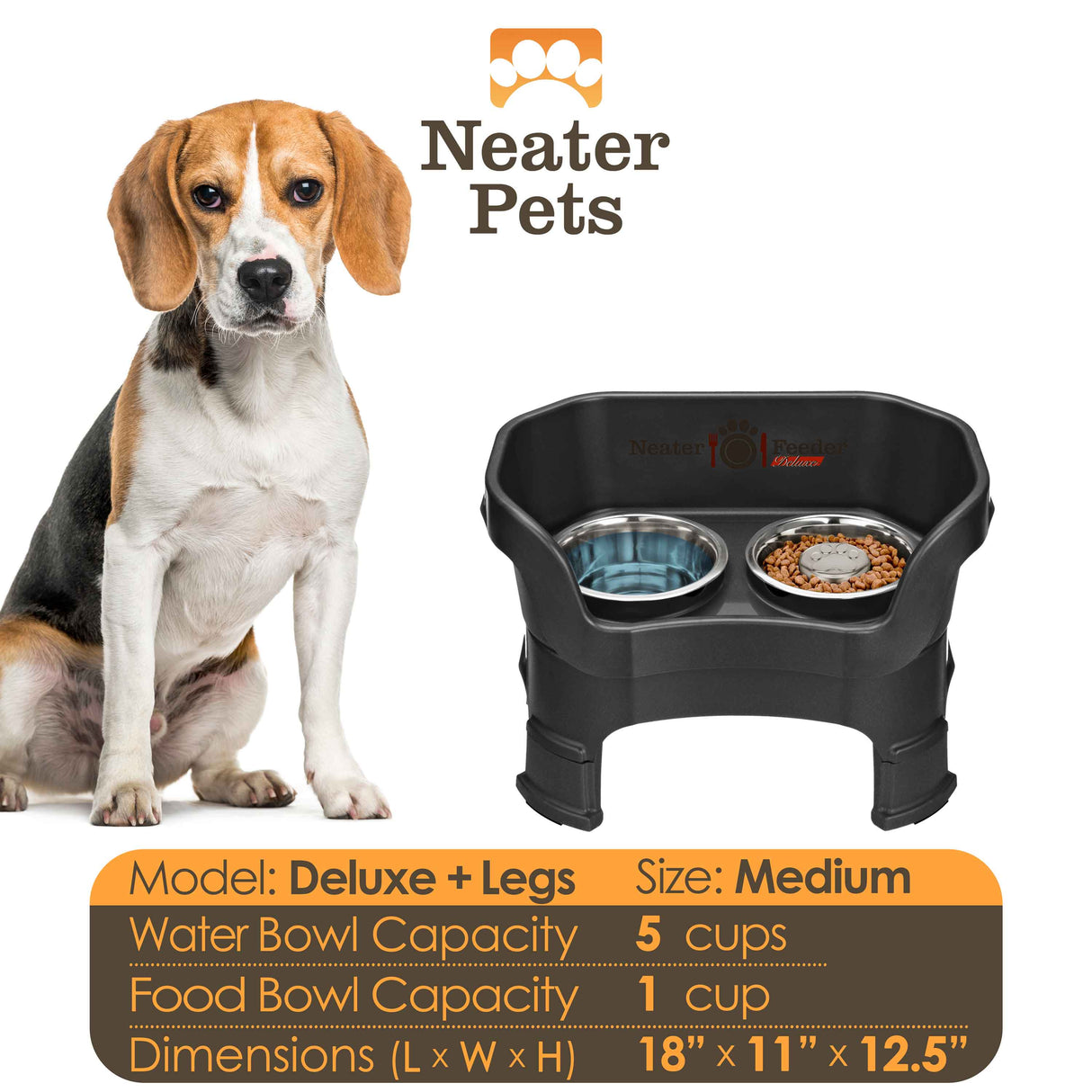 A chart displaying the Deluxe medium with Slow Feed bowl and leg extension bowl capacity and dimensions, with a medium-sized dog next to the chart.