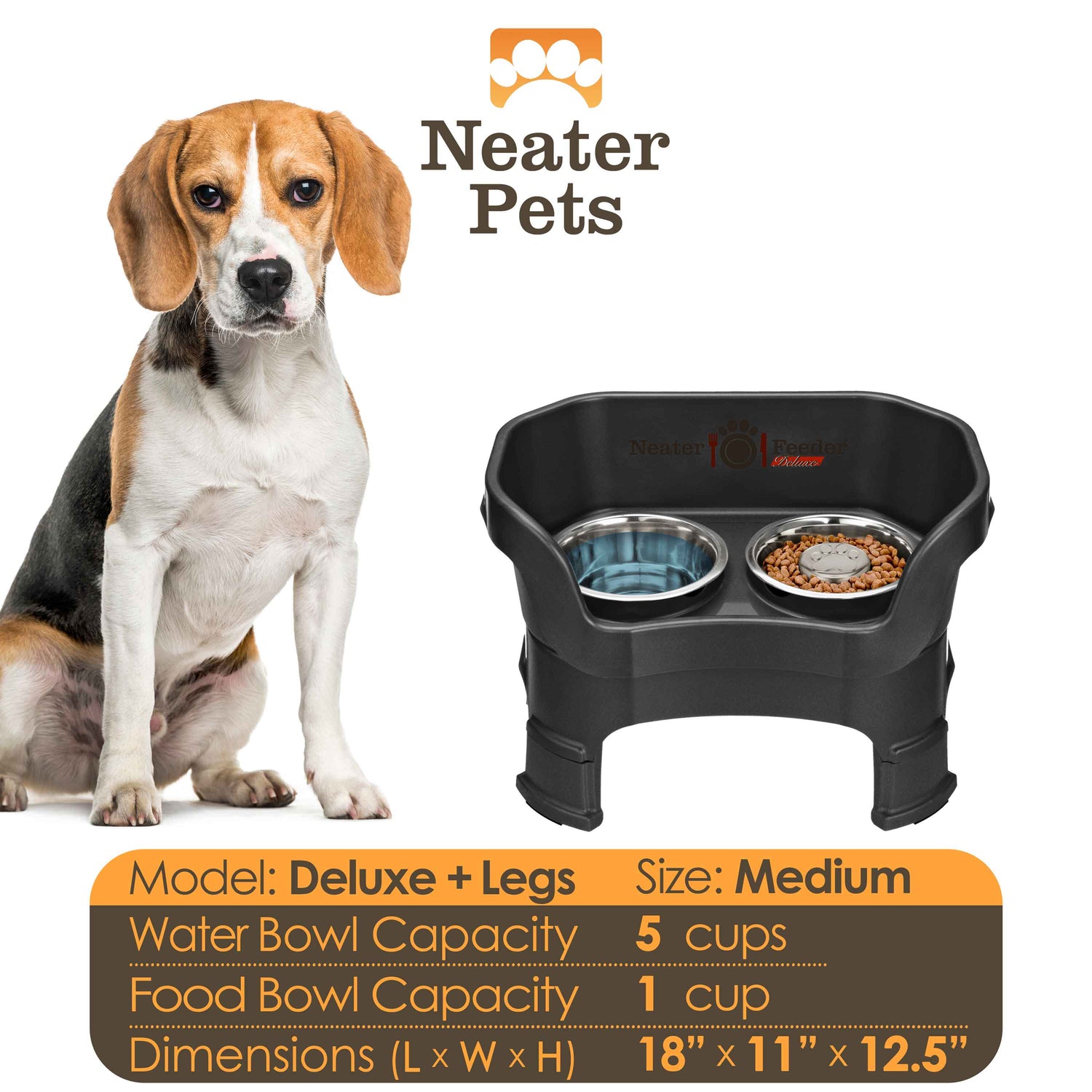 A chart displaying the Deluxe medium with Slow Feed bowl and leg extension bowl capacity and dimensions, with a medium-sized dog next to the chart.