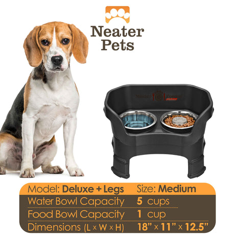 A chart displaying the Deluxe medium with Slow Feed bowl and leg extension bowl capacity and dimensions, with a medium-sized dog next to the chart.