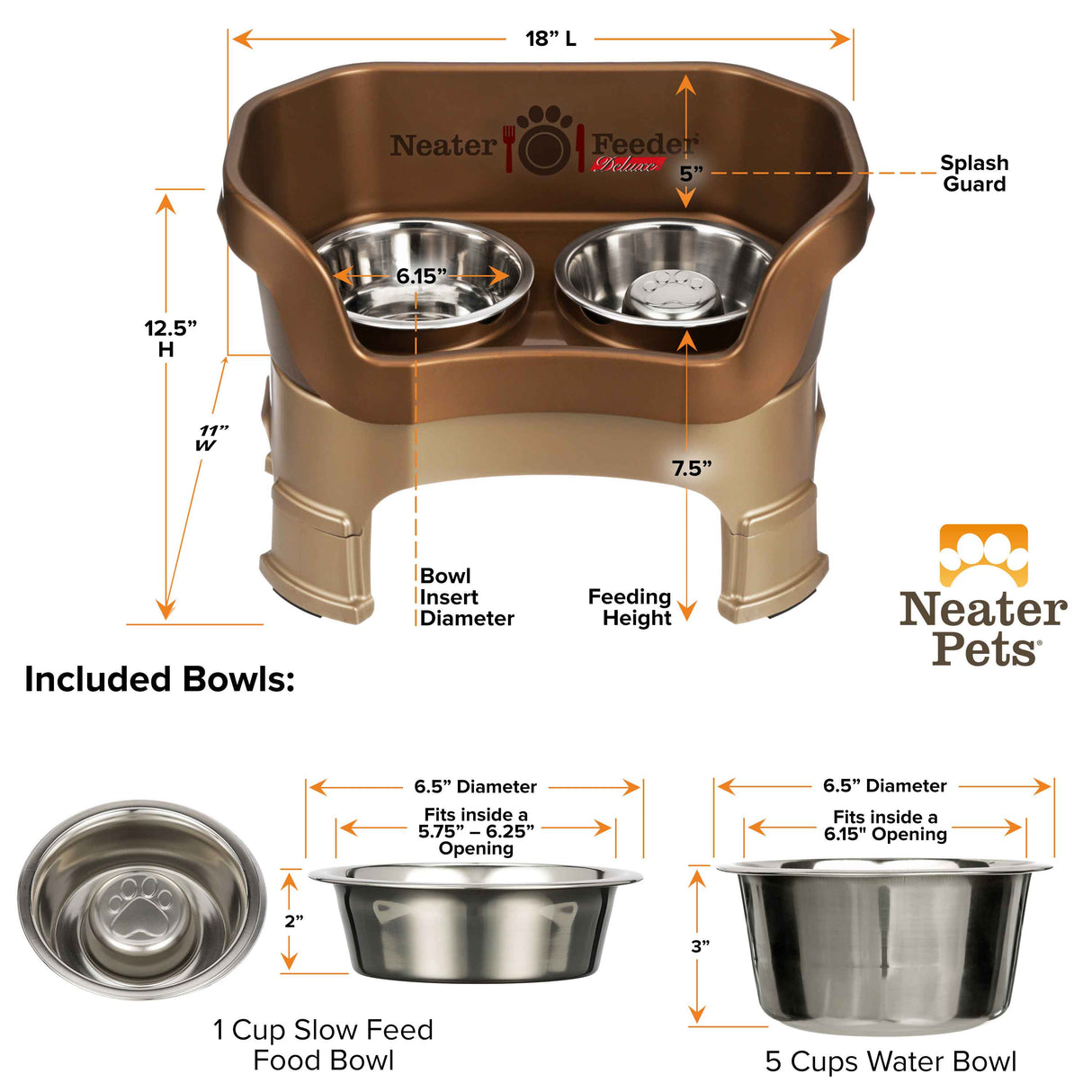 Dimensions of Bronze medium DELUXE Neater Feeder with Stainless Steel Slow Feed Bowl with leg extensions