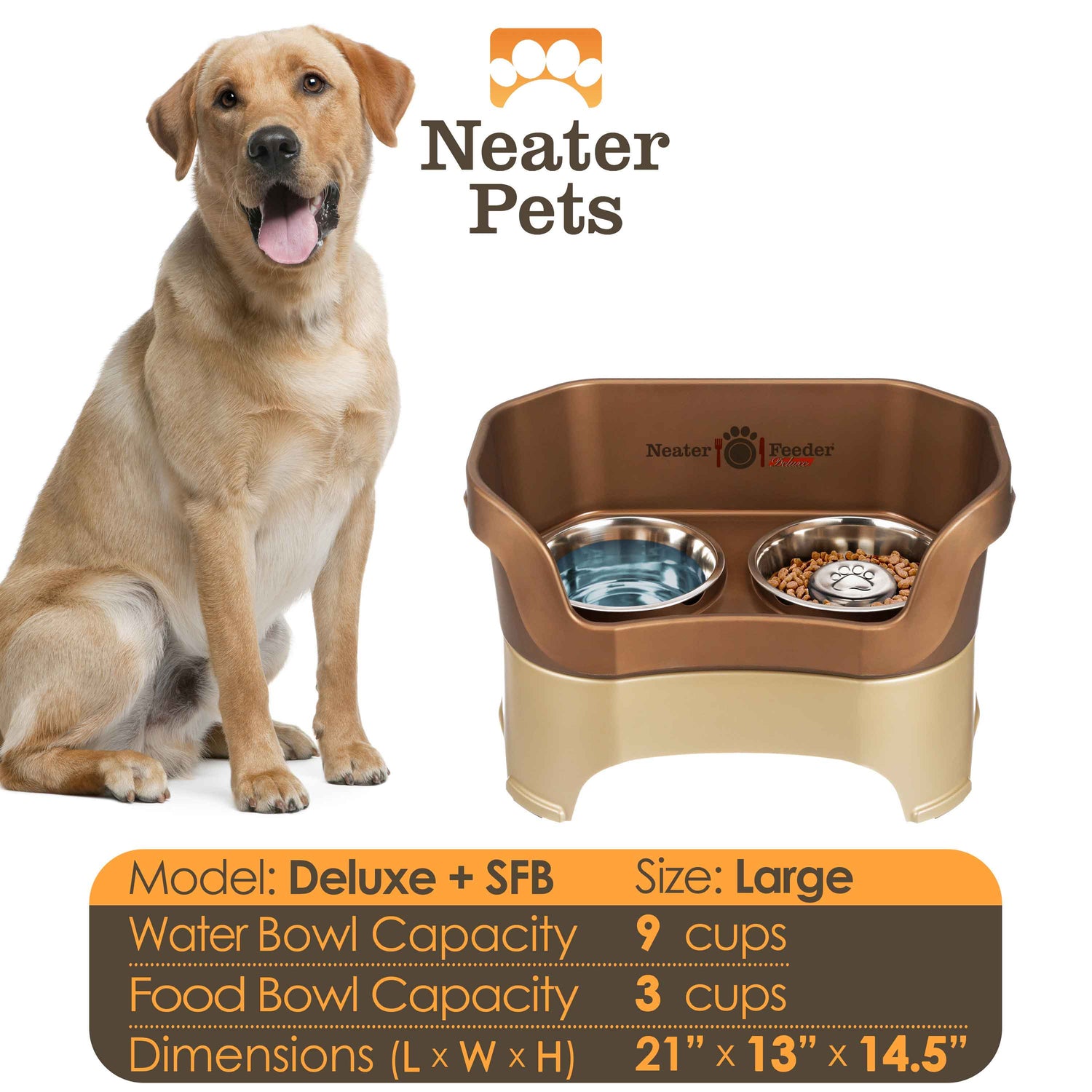 A chart displaying the Deluxe large with Slow Feed bowl capacity and dimensions, with a large size dog next to the chart.