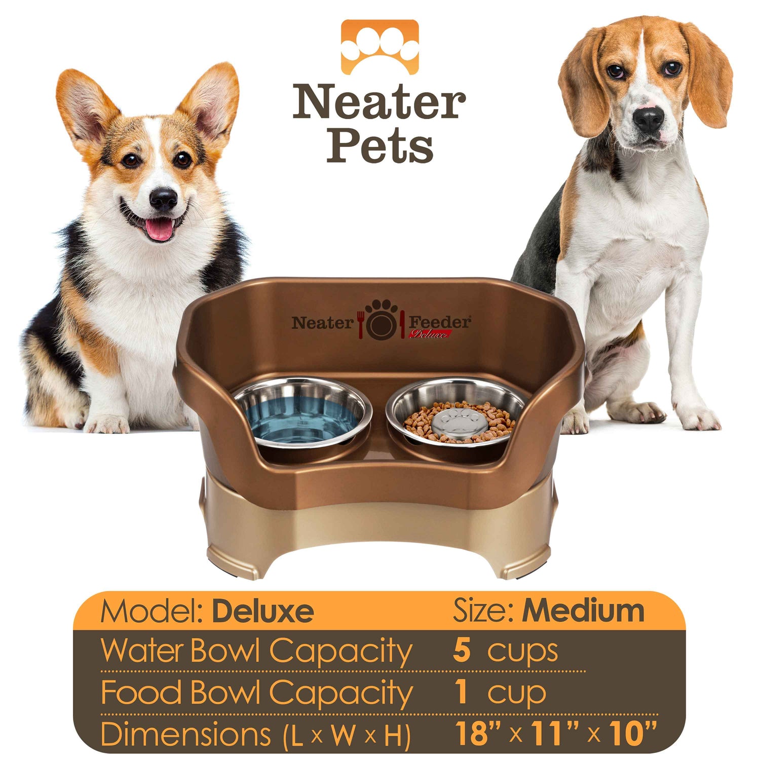 A chart displaying the Deluxe medium with Slow Feed bowl capacity and dimensions, with two medium-sized dog next to the chart.