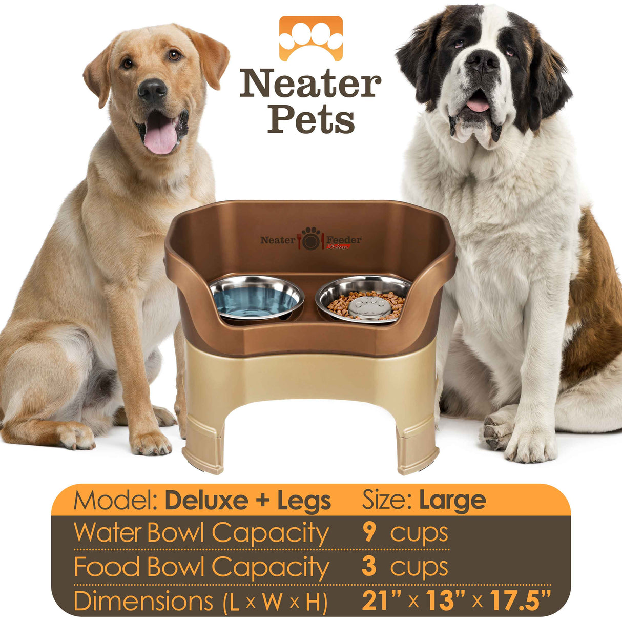 A chart displaying the Deluxe large with Slow Feed bowl and leg extension bowl capacity and dimensions, with two large sized dogs next to the chart.