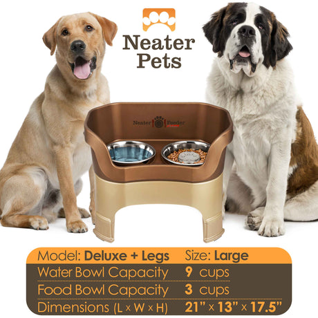 A chart displaying the Deluxe large with Slow Feed bowl and leg extension bowl capacity and dimensions, with two large sized dogs next to the chart.