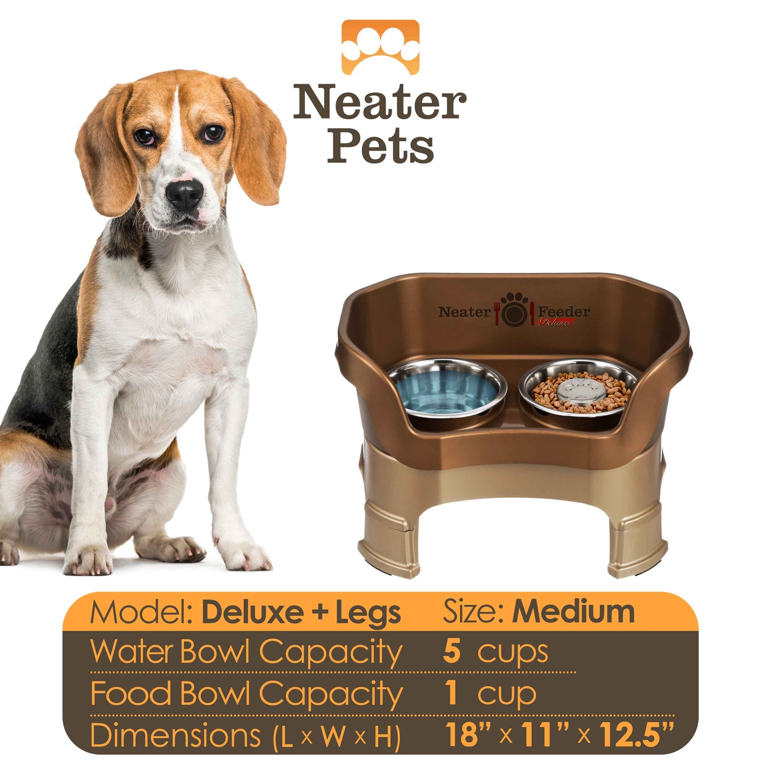 A chart displaying the Deluxe medium with Slow Feed bowl and leg extension bowl capacity and dimensions, with a medium-sized dog next to the chart.