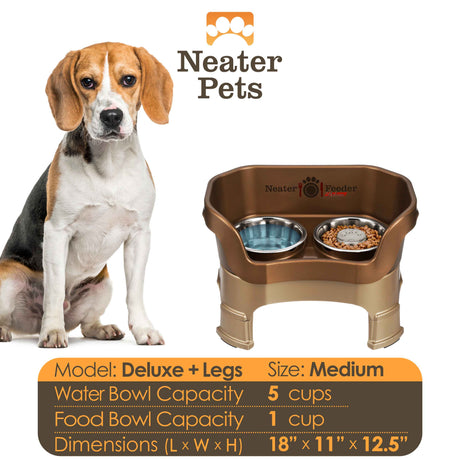 A chart displaying the Deluxe medium with Slow Feed bowl and leg extension bowl capacity and dimensions, with a medium-sized dog next to the chart.