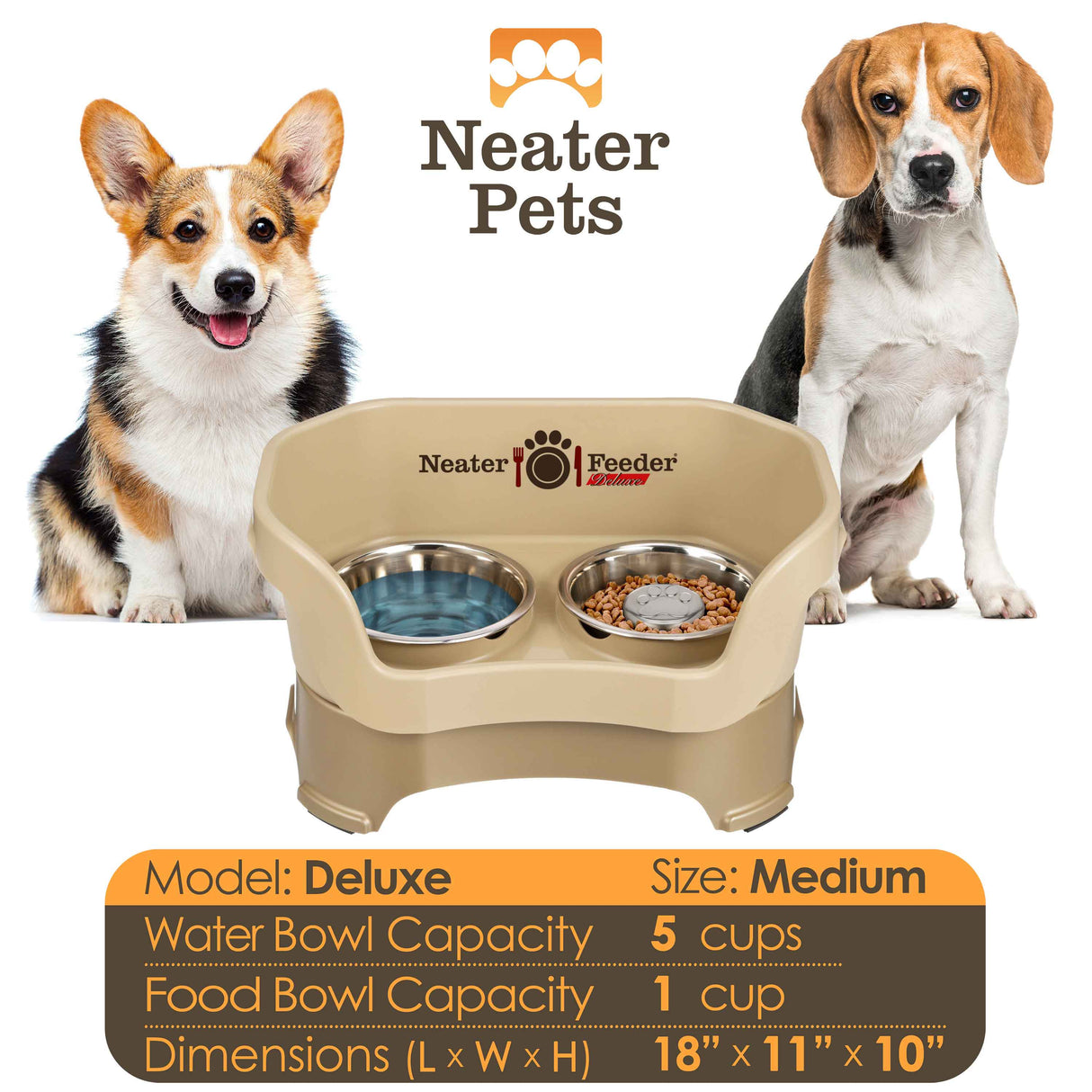 A chart displaying the Deluxe medium with Slow Feed bowl capacity and dimensions, with two medium-sized dog next to the chart.