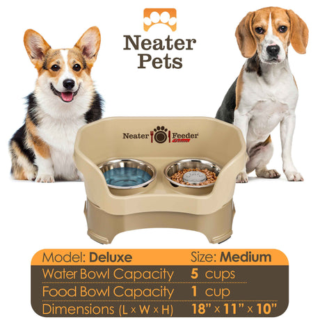 A chart displaying the Deluxe medium with Slow Feed bowl capacity and dimensions, with two medium-sized dog next to the chart.