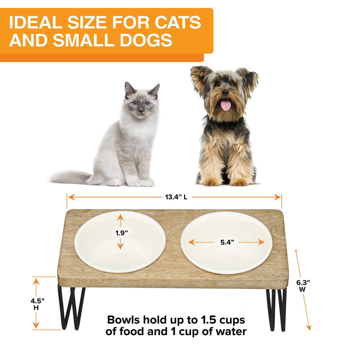 A picture of the angled feeder with ceramic bowls and the dimensions. Text on the screen reads: Ideal size for cats and small dogs.