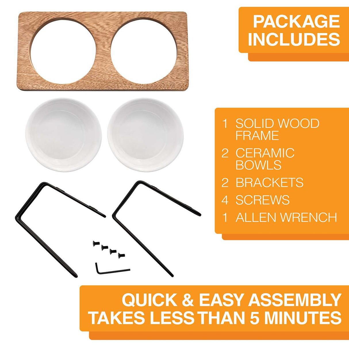 Images showing contents of box: 1 frame, 2 ceramic bowls, 2 brackets, 4 screws, and 1 allen wrench.
