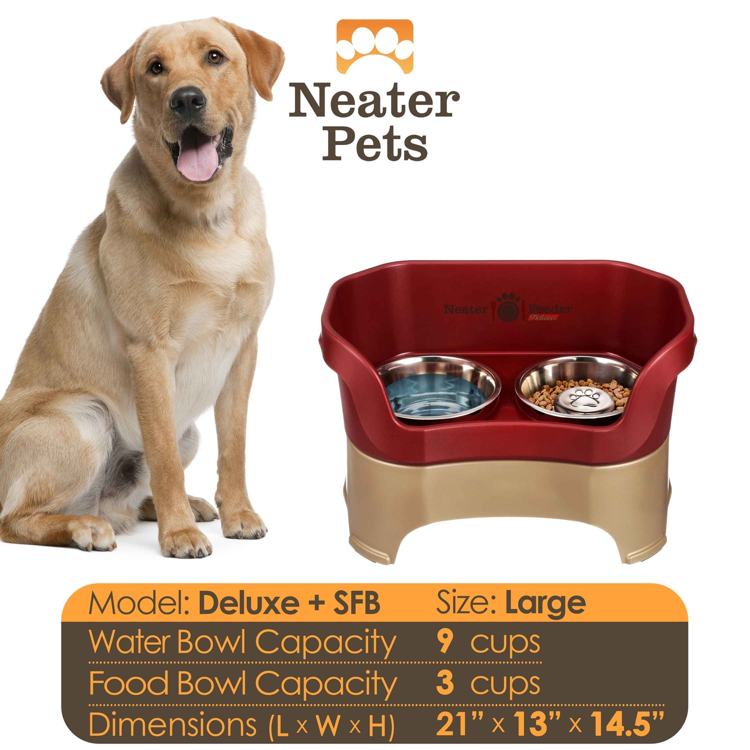 A chart displaying the Deluxe large with Slow Feed bowl capacity and dimensions, with a large size dog next to the chart.