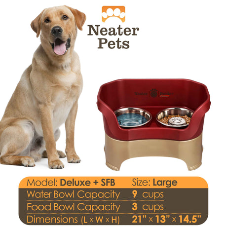 A chart displaying the Deluxe large with Slow Feed bowl capacity and dimensions, with a large size dog next to the chart.