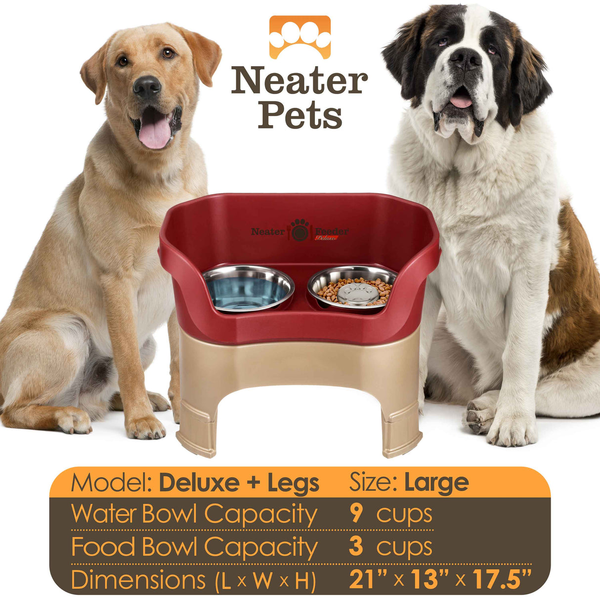 A chart displaying the Deluxe large with Slow Feed bowl and leg extension bowl capacity and dimensions, with two large sized dogs next to the chart.