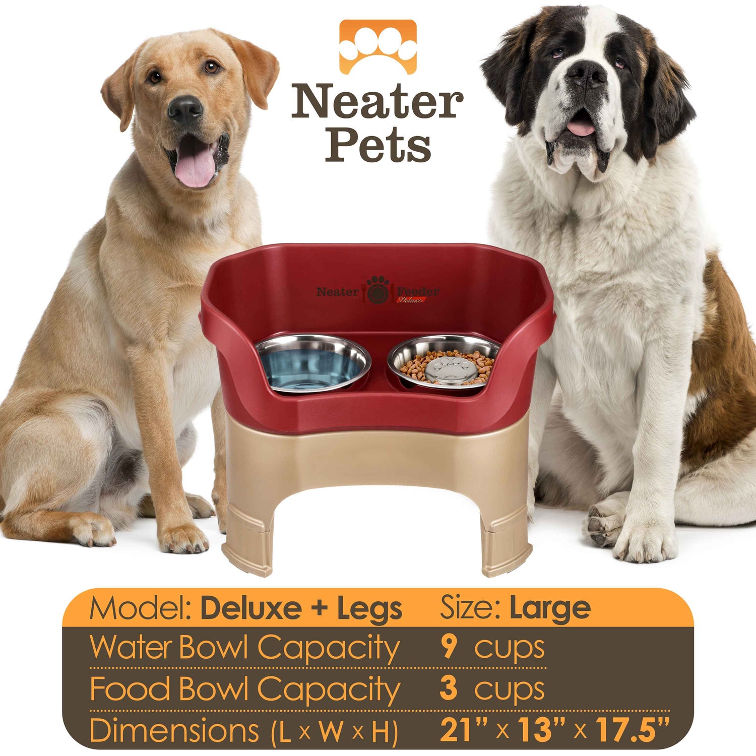A chart displaying the Deluxe large with Slow Feed bowl and leg extension bowl capacity and dimensions, with two large sized dogs next to the chart.