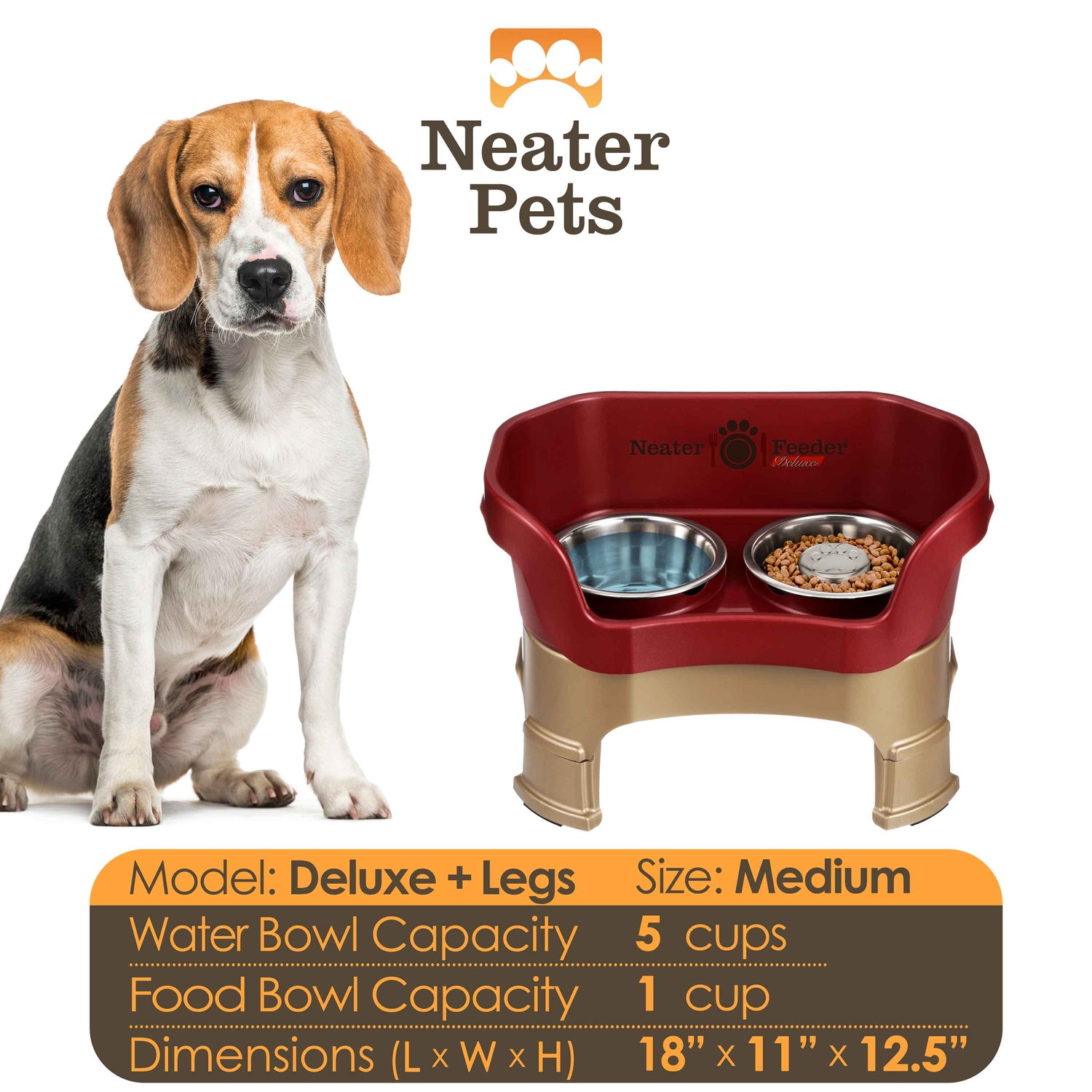 A chart displaying the Deluxe medium with Slow Feed bowl and leg extension bowl capacity and dimensions, with a medium-sized dog next to the chart.