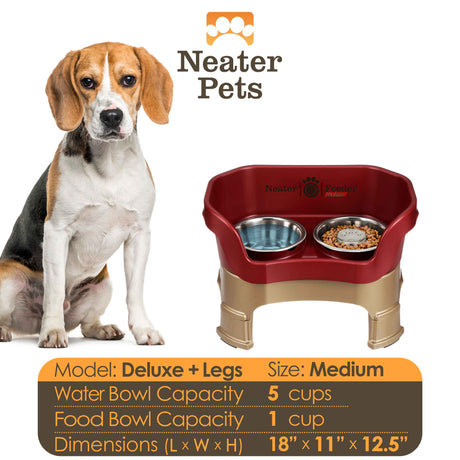 A chart displaying the Deluxe medium with Slow Feed bowl and leg extension bowl capacity and dimensions, with a medium-sized dog next to the chart.