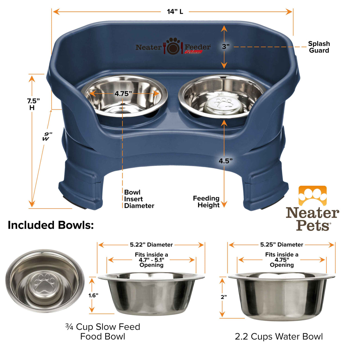 Dark Blue SMALL DELUXE LE Neater Feeder with Stainless Steel Slow Feed Bowl dimensions