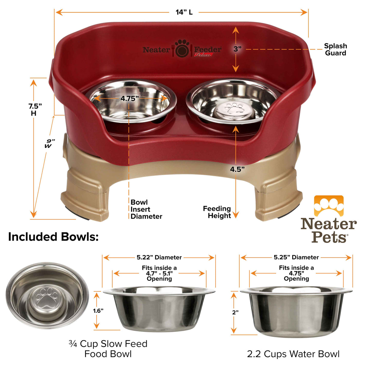Cranberry SMALL DELUXE LE Neater Feeder with Stainless Steel Slow Feed Bowl dimensions