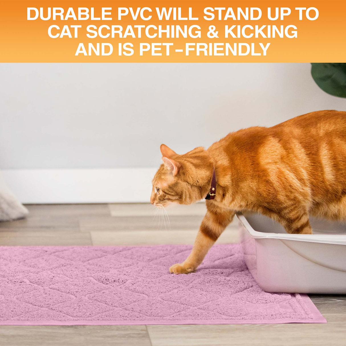 Cat using a litter box on a pink mat with text about durable PVC material