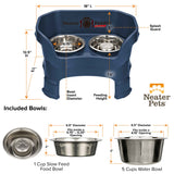 Dimensions of dark BLue medium DELUXE Neater Feeder with Stainless Steel Slow Feed Bowl with leg extensions