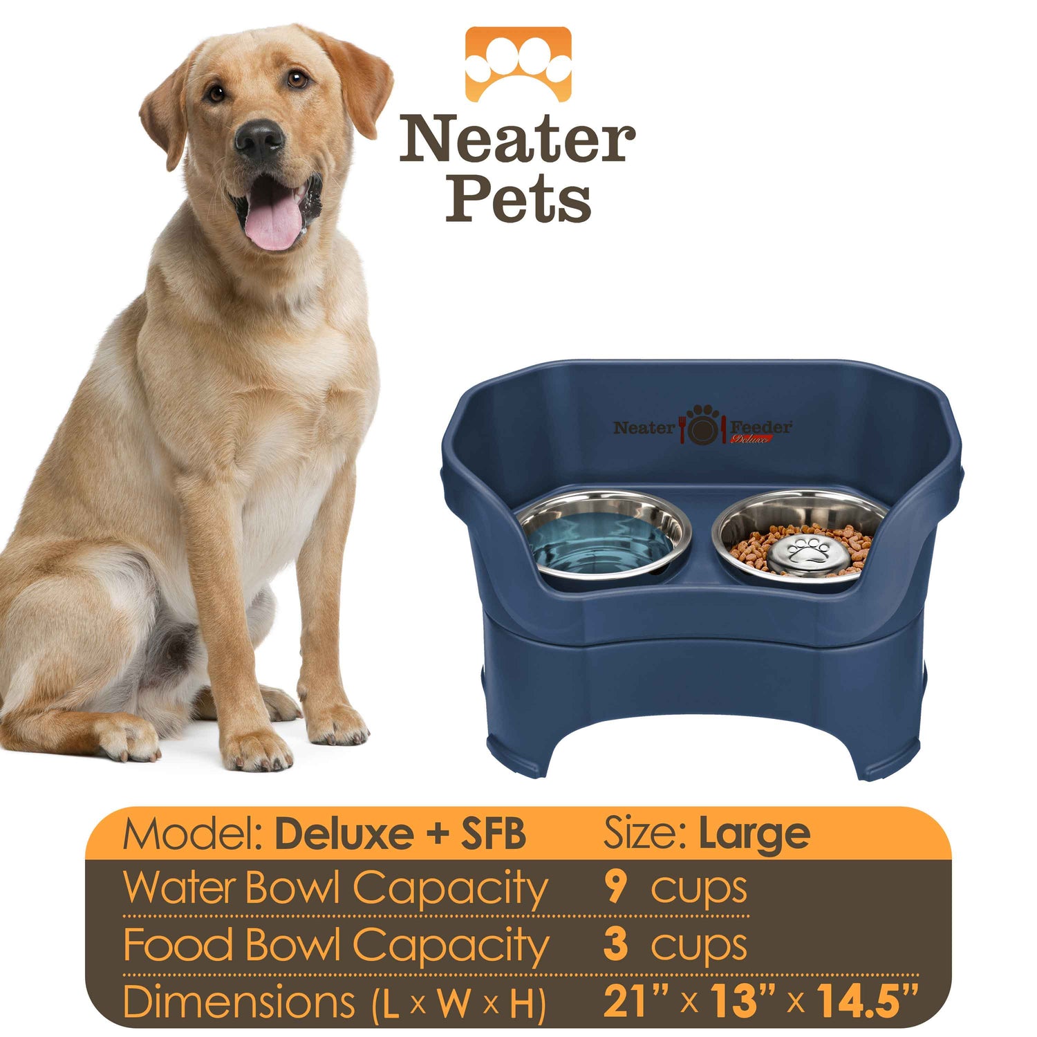 A chart displaying the Deluxe large with Slow Feed bowl capacity and dimensions, with a large size dog next to the chart.