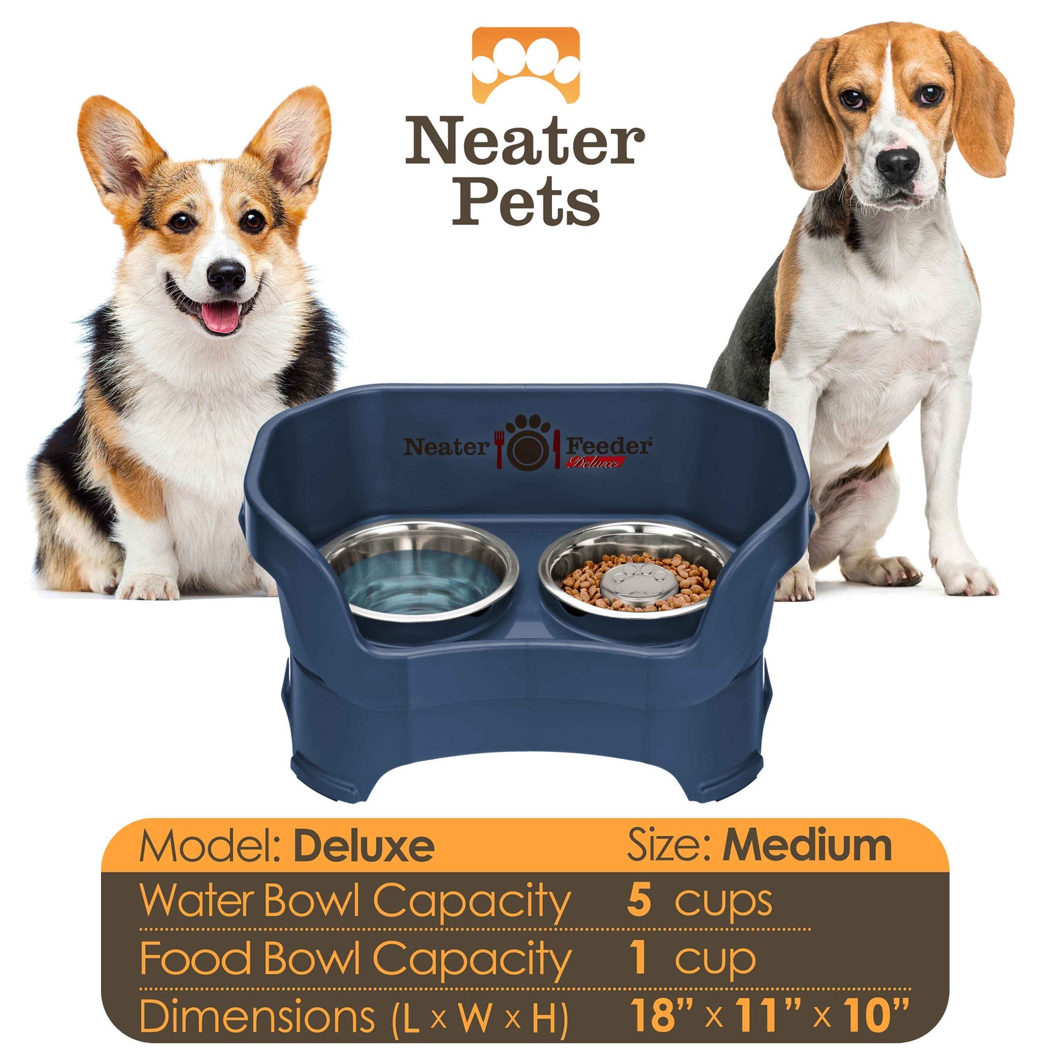 A chart displaying the Deluxe medium with Slow Feed bowl capacity and dimensions, with two medium-sized dog next to the chart.