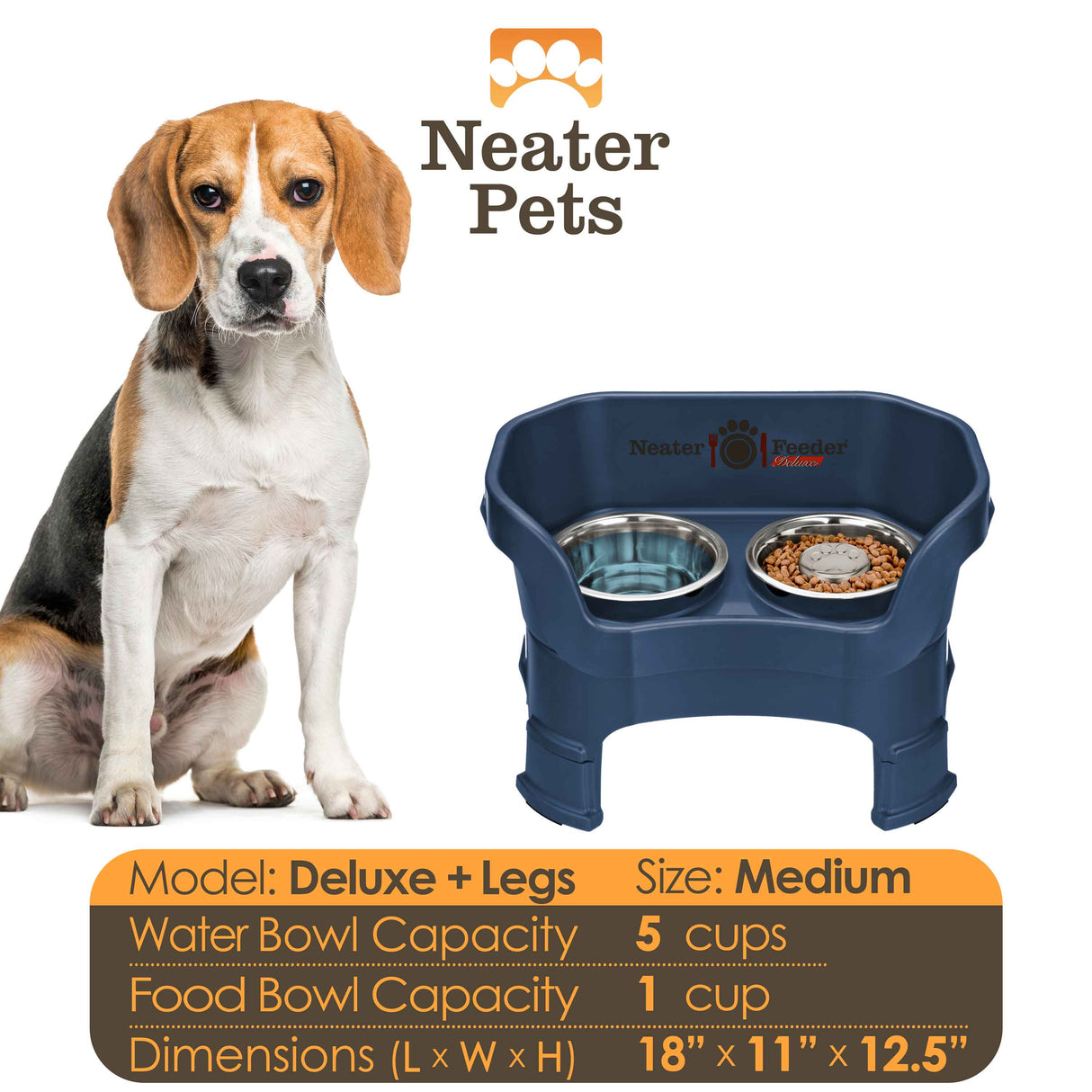 A chart displaying the Deluxe medium with Slow Feed bowl and leg extension bowl capacity and dimensions, with a medium-sized dog next to the chart.