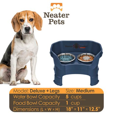 A chart displaying the Deluxe medium with Slow Feed bowl and leg extension bowl capacity and dimensions, with a medium-sized dog next to the chart.