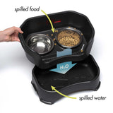 Image showing how the Neater Feeder works - spilled food stays on top while spilled water flows to the bottom