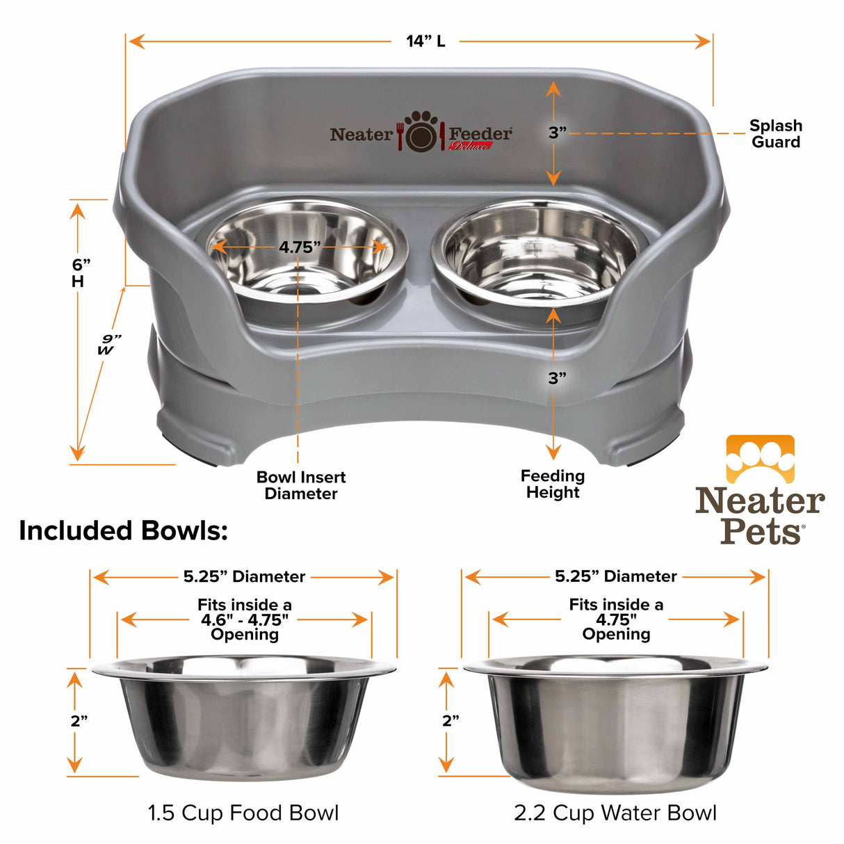 Deluxe Gunmetal Grey Small Neater Feeder and Bowl dimensions