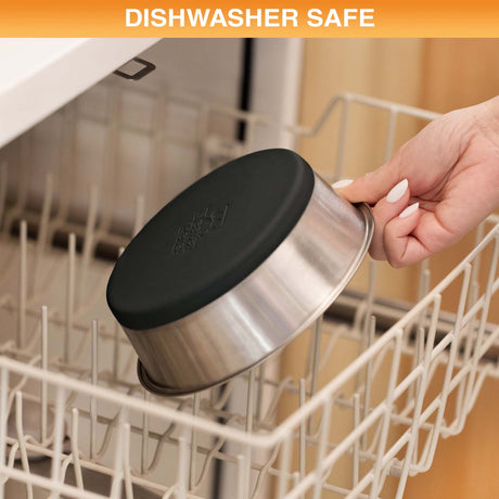 Person placing a stainless steel bowl into a dishwasher, with 'Dishwasher Safe' text at the top.