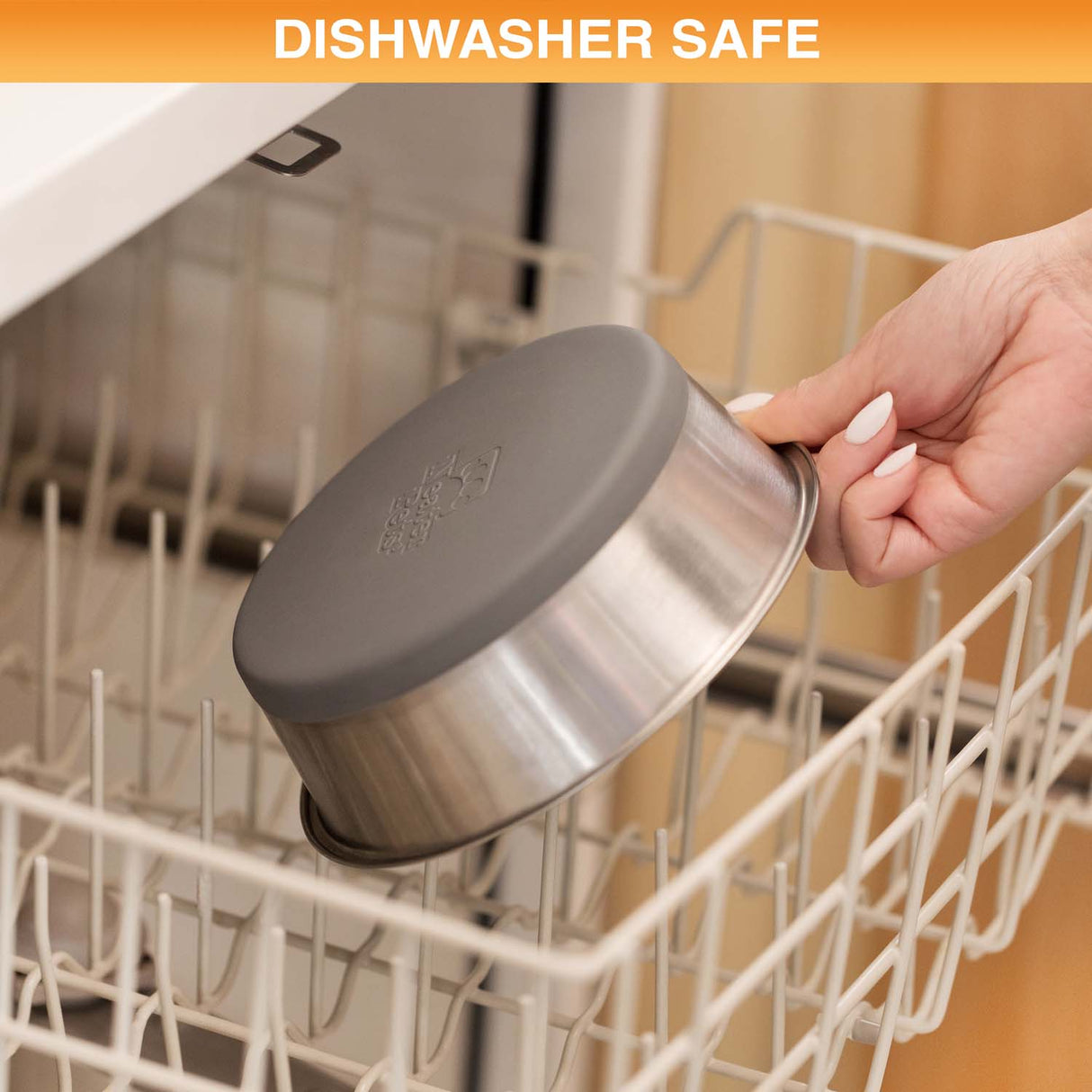 Person placing a stainless steel bowl into a dishwasher, with 'Dishwasher Safe' text at the top.