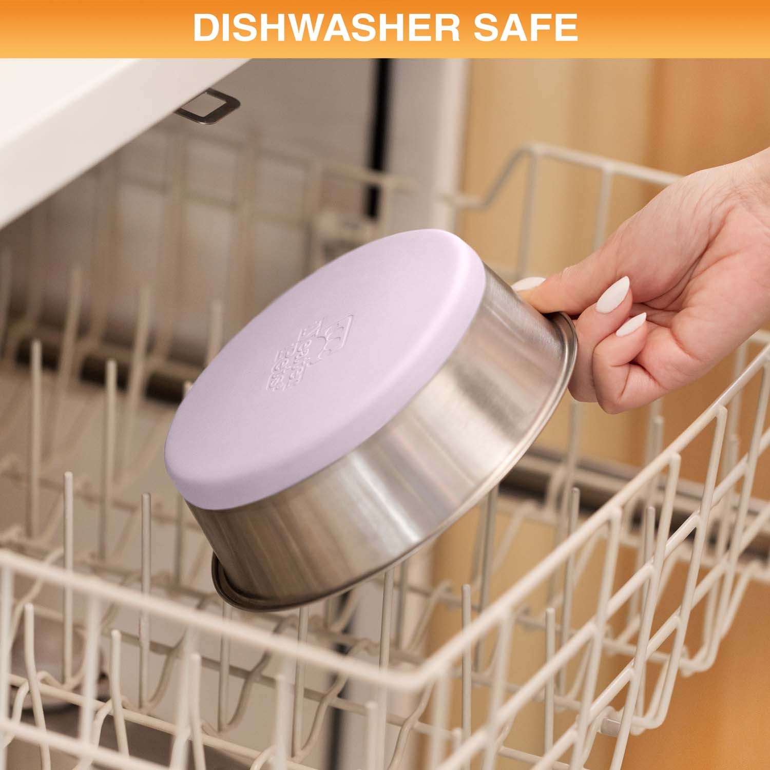 Person placing a stainless steel bowl into a dishwasher, with 'Dishwasher Safe' text at the top.