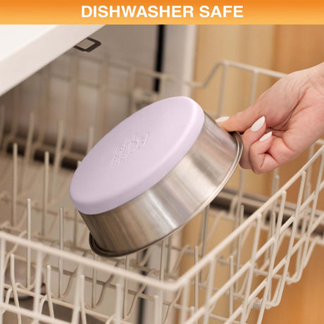 Person placing a stainless steel bowl into a dishwasher, with 'Dishwasher Safe' text at the top.