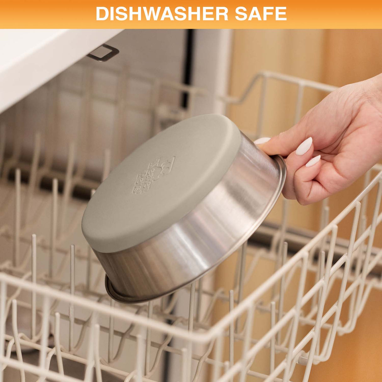 Person placing a stainless steel bowl into a dishwasher, with 'Dishwasher Safe' text at the top.