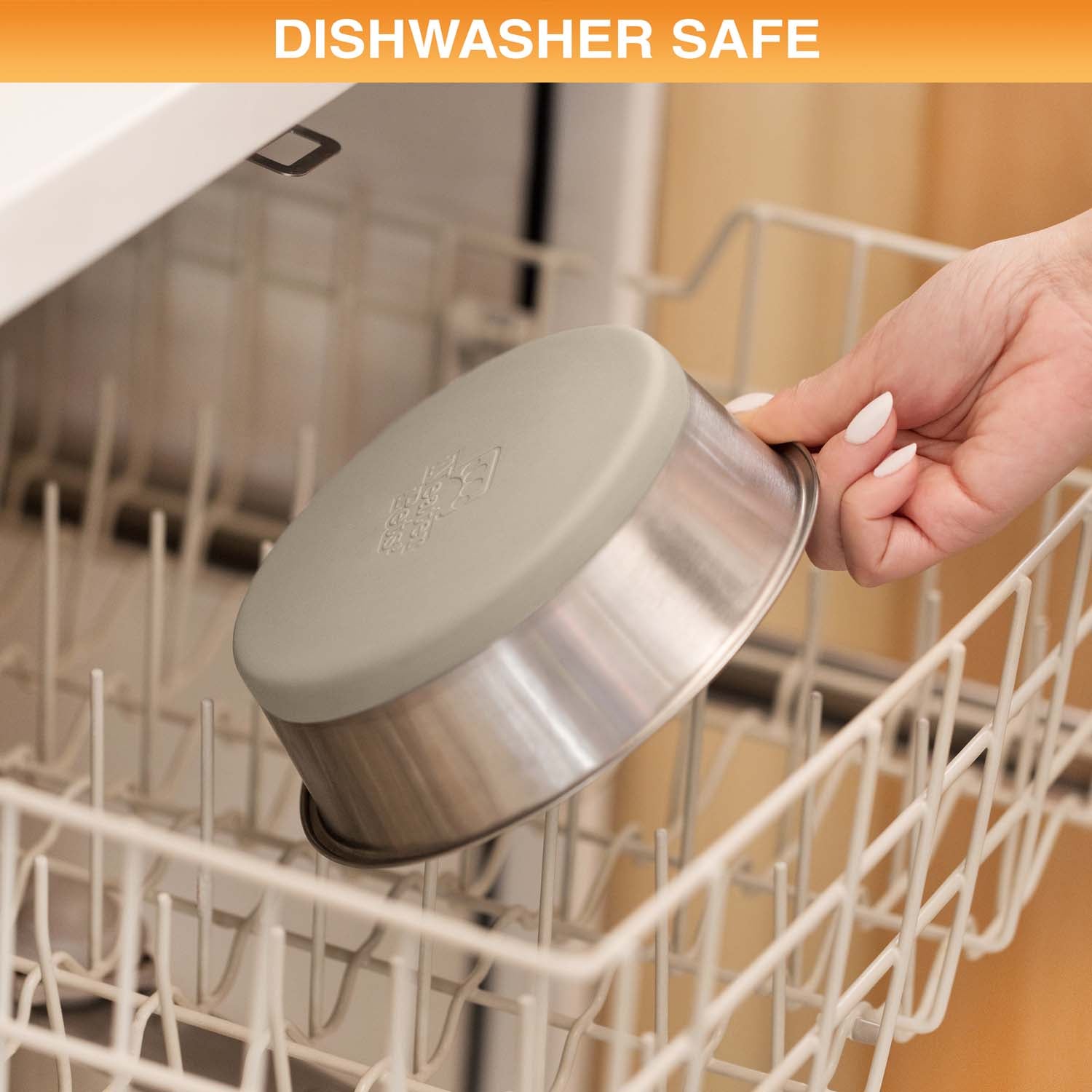 Person placing a stainless steel bowl into a dishwasher, with 'Dishwasher Safe' text at the top.
