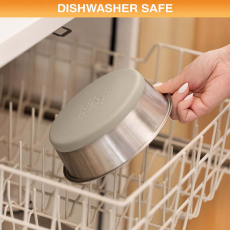 Person placing a stainless steel bowl into a dishwasher, with 'Dishwasher Safe' text at the top.