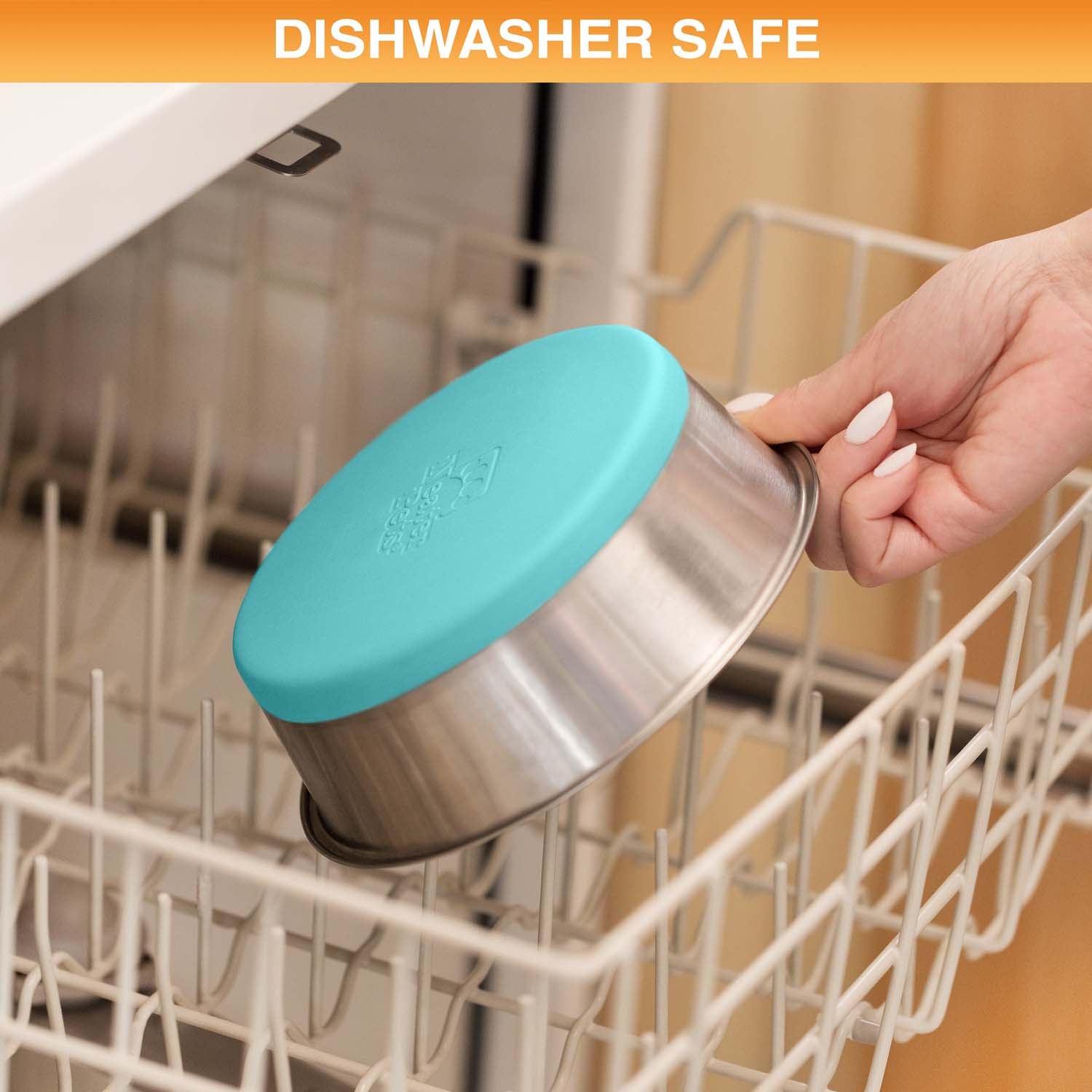 Person placing a stainless steel bowl into a dishwasher, with 'Dishwasher Safe' text at the top.