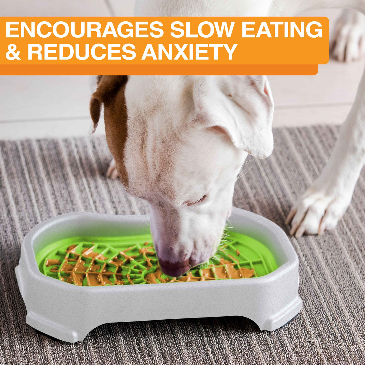 Dog licking peanut butter from the green Neat-Lik Mat Slow Feed Licking Mat with text that reads "Encourages slow eating and reduces anxiety."