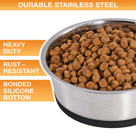 Stainless steel dog food bowl with kibble and durability features listed on an orange background