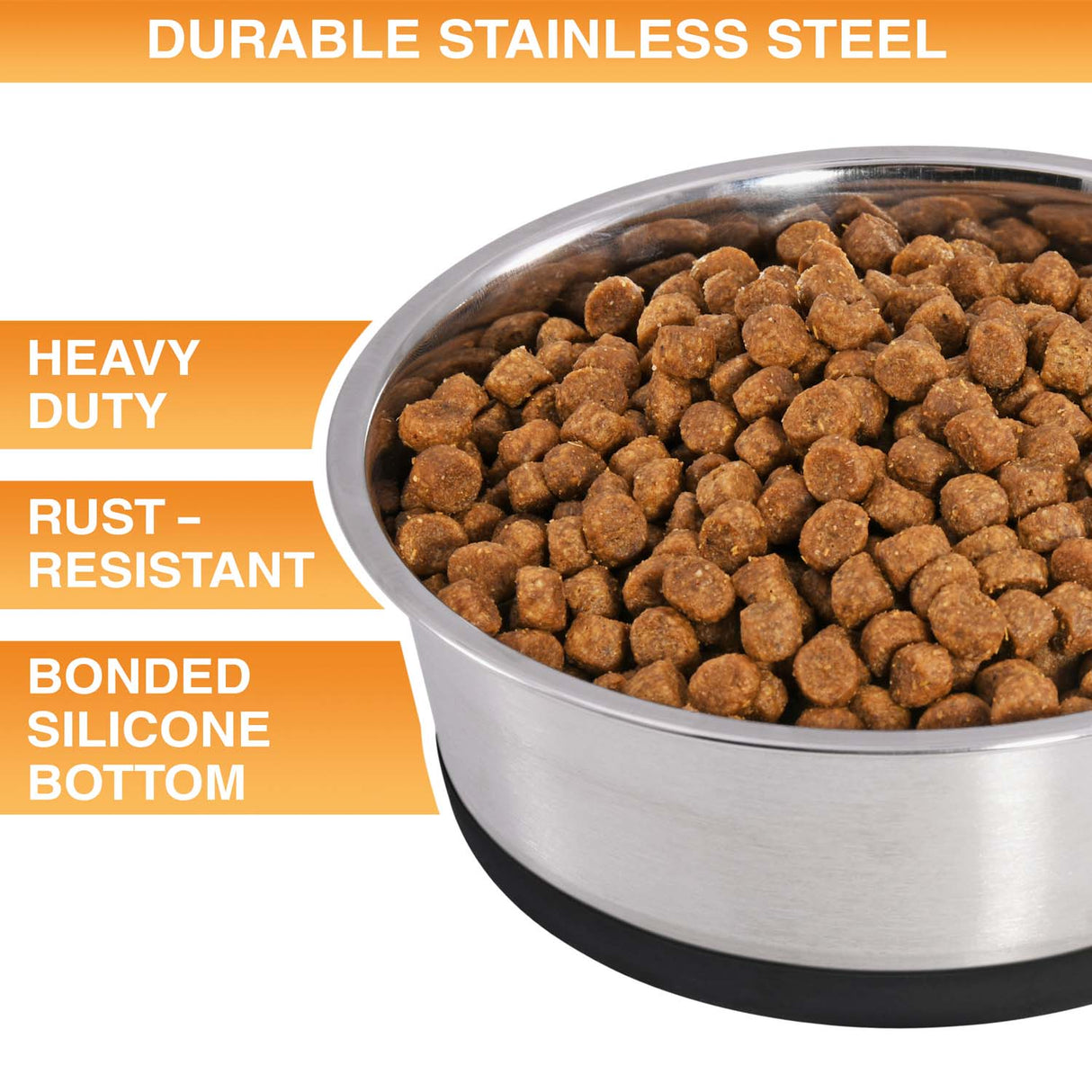 Stainless steel dog food bowl with kibble and durability features listed on an orange background. Text on screen reads: Heavy duty, rust-resistant, bonded silicone bottom.