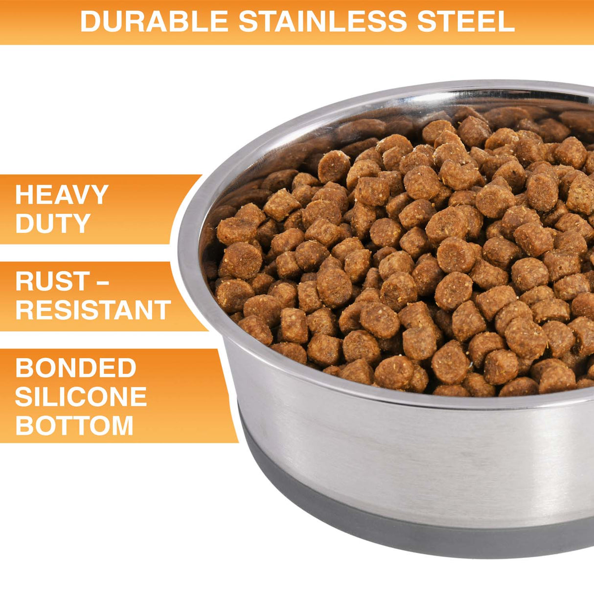Stainless steel dog food bowl with kibble, featuring durability text on an orange background. Text on screen reads: Heavy duty, rust-resistant, bonded silicone bottom.
