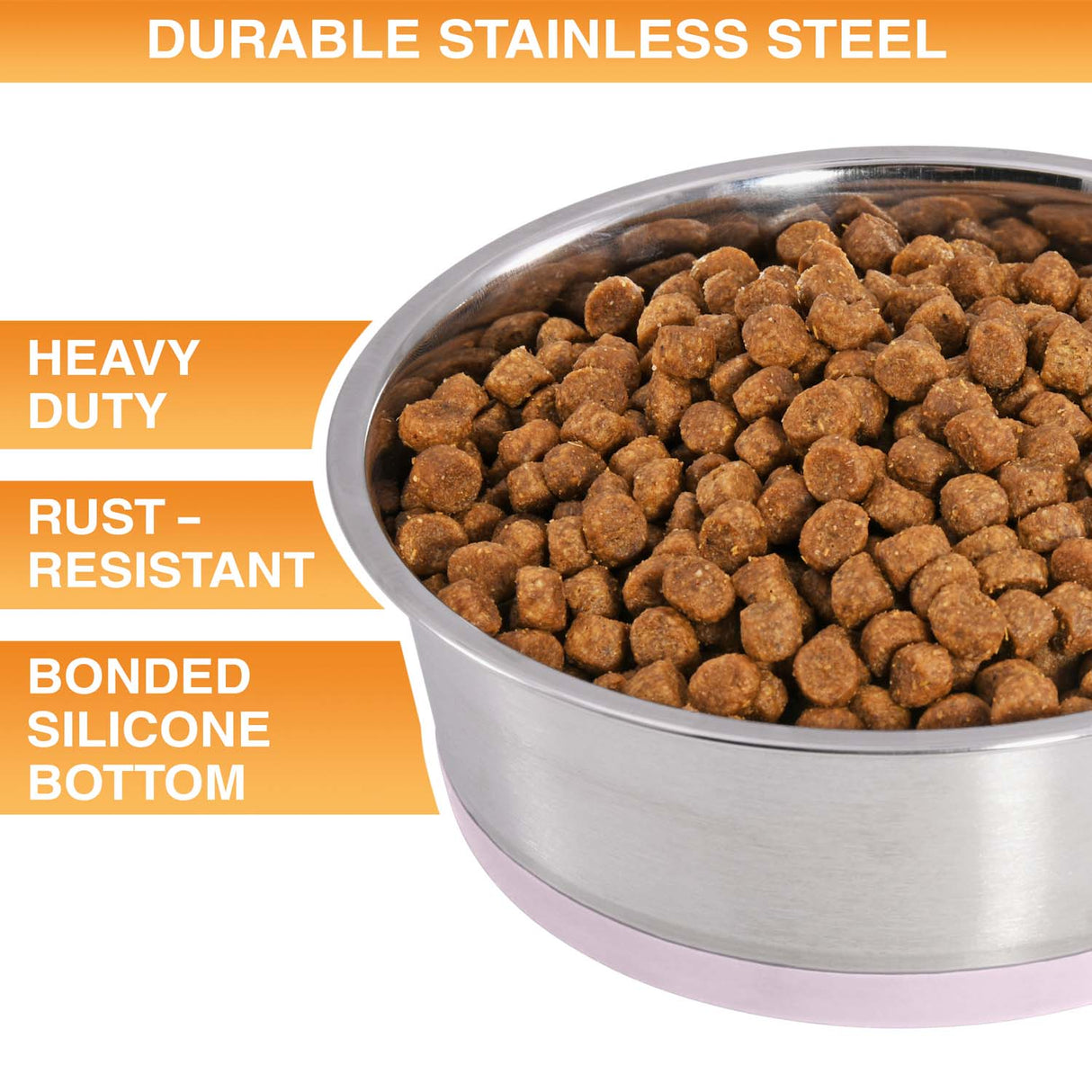 Metal dog food bowl with kibble and durability features listed on an orange background. Text on screen reads: Heavy duty, rust-resistant, bonded silicone bottom.