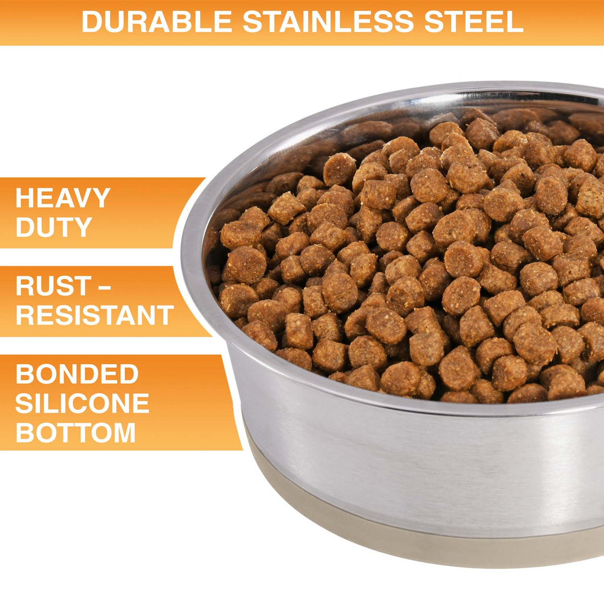 Stainless steel dog food bowl with kibble, featuring durability text on an orange background. Text on screen reads: Heavy duty, rust-resistant, bonded silicone bottom.