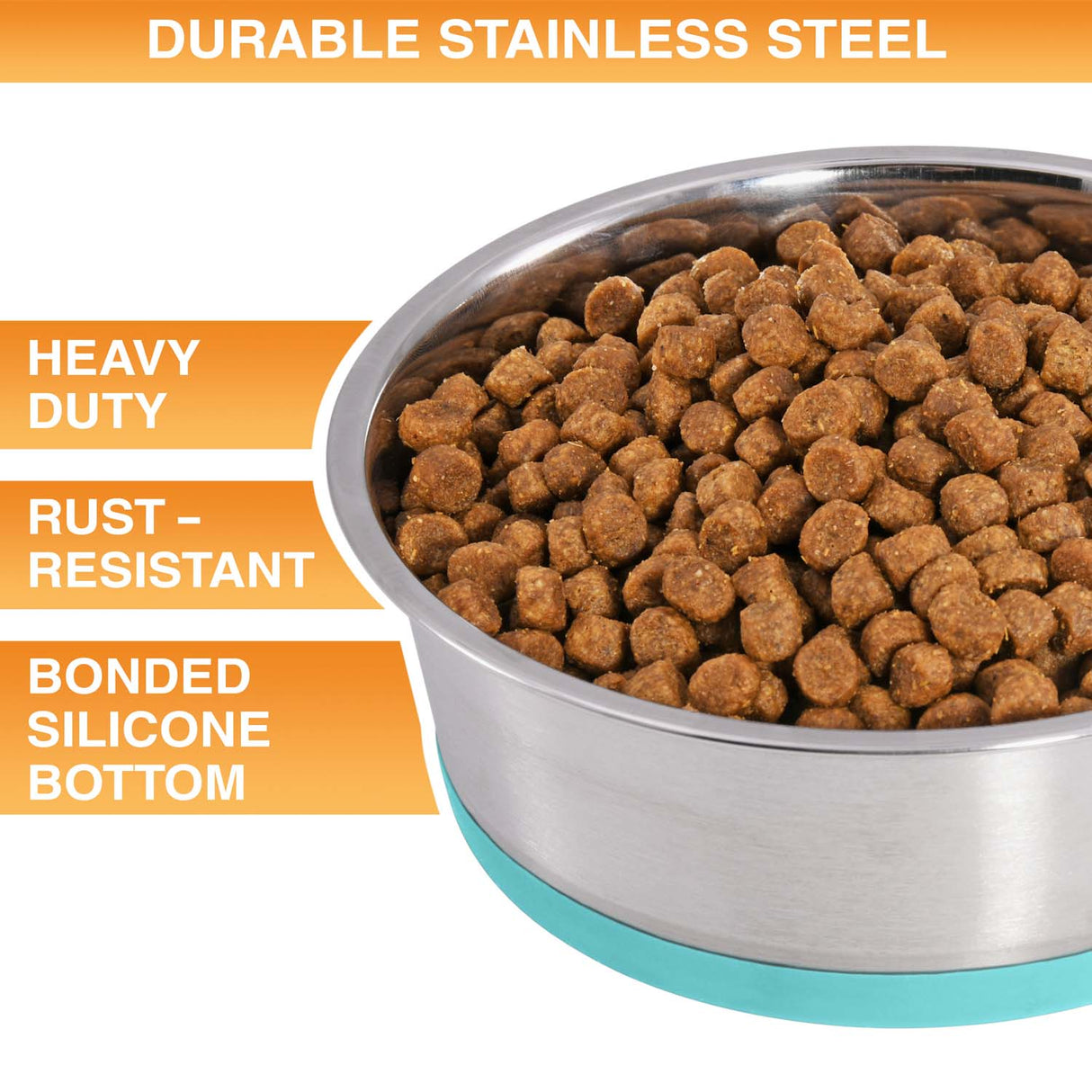 Stainless steel dog food bowl with pet food, featuring durability text on an orange background. Text on screen reads: Heavy duty, rust-resistant, bonded silicone bottom.